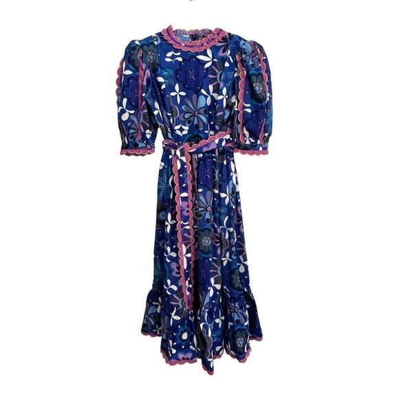 CeliaB Merapi Belted Puff Sleeve Corduroy Print Midi Dress Blue Women’s Size XL - Picture 7 of 12